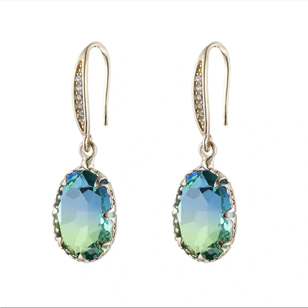 New Bright Oval Gemstone Pendant Temperament Tourmaline Earrings - Picture 1 of 8